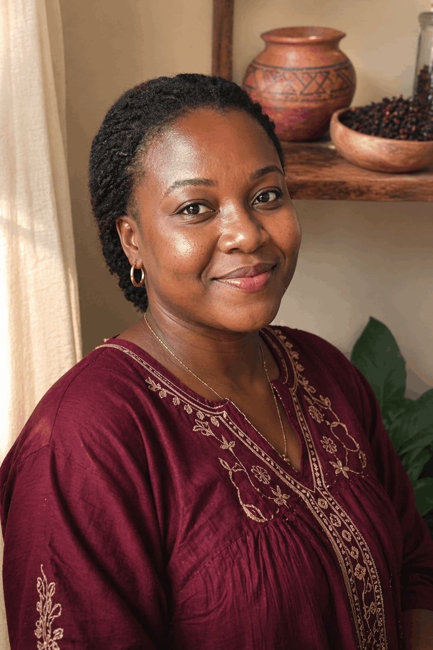 Nnena, author of The Zobo Cure, smiling softly in her Nigerian home