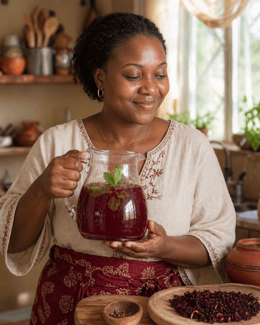 Nnena preparing zobo with fresh spearmint and dried hibiscus in her kitchen
