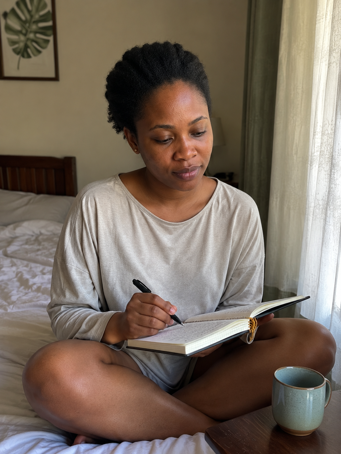Adaeze writing in her journal — The Skin Diary